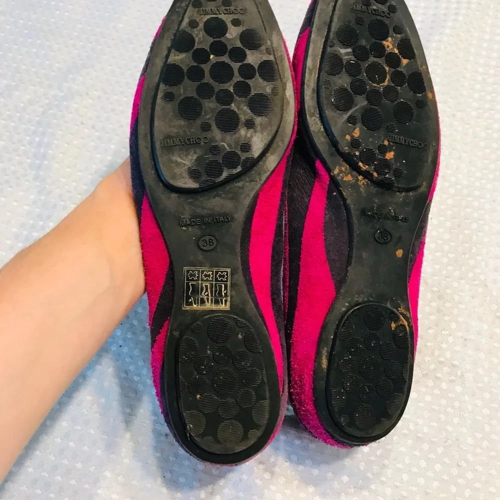 Jimmy Choo Pink and Black Striped Suede Ballet Flats
